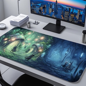 May include: A rectangular desk mat featuring a fantasy forest scene with glowing lights, whimsical creatures, and a path leading to a bench. The color palette includes shades of green, blue, and white, creating a vibrant and detailed illustration.