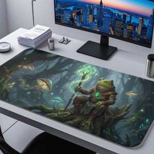 May include: A large rectangular desk mat featuring a fantasy illustration of a frog wizard in a forest setting. The frog is holding a staff with a glowing green crystal. The mat has a dark green and blue color scheme.