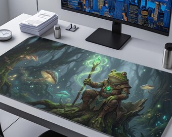 Frog Wizard Desk Mat, Fantasy TCG Playmat, Magic Forest Frog Mouse Pad, Whimsical Frog Art Gaming Deskpad, Large XL, Gift for Gamers