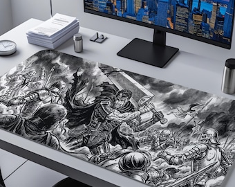 Dark Fantasy Warrior Desk Mat, Black White Manga Art Mouse Pad, XXL Anime Gaming Deskpad, Otaku Setup Decor, Large Mat, Gift for Gamers