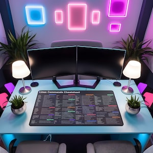 May include: A modern computer setup with two black monitors, a keyboard, and a mousepad that reads "Linux Commands Cheatsheet." The desk is light blue, with two small lamps and potted plants. Neon lights in blue and pink adorn the wall.