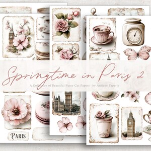 PRIMAVERA em PARIS No. 2 - Conjunto de 4 lindas folhas de etiquetas mistas, vários itens efêmeros e etiquetas, diários, diários de lixo