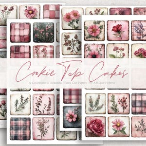 May include: A set of 36 digital paper squares featuring pink and white floral designs, plaid patterns, and vintage textures. The papers are labelled "Cookie Top Cakes" and "A Collection of Beautiful Fussy Cut Papers by Antique Paperie".