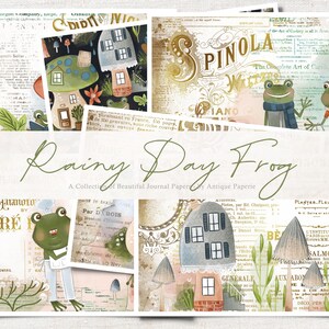 May include: A collection of digital papers featuring vintage-style illustrations of frogs, houses, and mushrooms. The papers have a light, airy feel and are perfect for scrapbooking, card making, and other paper crafts. The text on the papers includes "Rainy Day Frog", "A Collection of Beautiful Journal Papers", "Antique Paperie", "Par Dis Bois", "Andre", "Plaster Flowers", "Generale", "Aux Abords", and "Salmon".