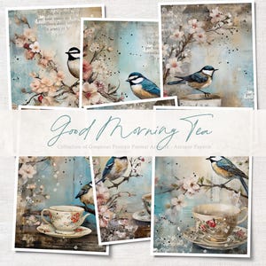 Colección de 6 hojas de collage digital para pared o diario con texto "Good Morning TEA", para diario, álbum de recortes, papel antiguo