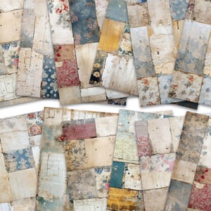 May include: A collection of aged paper sheets with a patchwork design. The sheets feature various floral patterns in shades of red, blue, and cream, with distressed textures and a vintage aesthetic. The papers are arranged in a layered composition.
