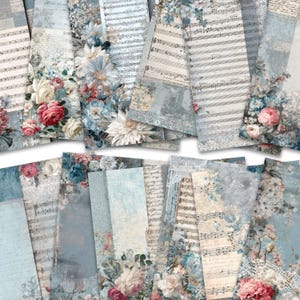 May include: A selection of vintage scrapbook papers with floral designs in pink, blue, and white. The papers incorporate musical notes and aged textures. The papers are arranged in a layered pattern, creating a visually rich and textured aesthetic, suitable for crafting.