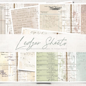 Könnte beinhalten: Eine Sammlung von alten Kassenbüchern mit handschriftlichem Text und Zahlen. Die Blätter sind in verschiedenen Beige-, Braun- und Blautönen gehalten. Der Text beinhaltet "Ledger Sheets", "Collection Beautiful Journal Papers" und "Antique Paperie".