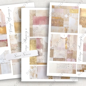 Conjunto de acessórios Serene PINKS e Gold, 3 folhas, etiquetas e bolsos para diário, diário, álbuns de recortes, arte alterada, mídia mista, papelaria antiga