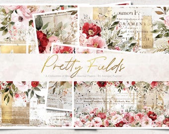 PRETTY FIELDS JOURNAL Digital Collage Sheet Collection of 6, Journal, Scrapbook, Antique Paperie