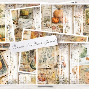 Pode incluir: Uma colagem de imagens em estilo vintage com abóboras, folhas de outono e ilustrações botânicas. O texto "Pumpkin Seed Patch Journal" é visível. A paleta de cores inclui tons de laranja, verde e bege, evocando um tema rústico e sazonal.