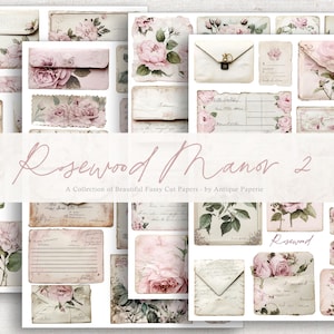 ROSEWOOD MANOR No. 2 - Conjunto de 4 lindas folhas de etiquetas mistas, vários itens efêmeros e etiquetas, diários, diários de lixo