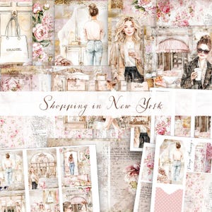 SHOPPING a New YORK Collezione di diari digitali Pinks Plaid, diario stampabile, diario vittoriano, accessori, cartellini tascabili, diario
