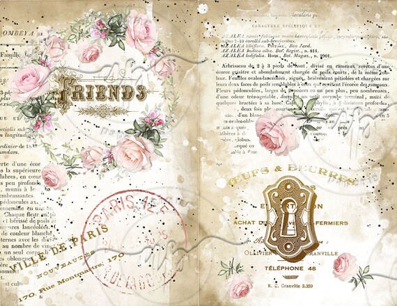Love Paris Collection 3 Junk Journal Rose Antique French Style Roses Gorgeous Victorian Digital Printable Download Collage Sheet
