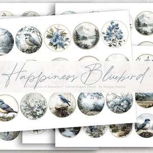BLUEBIRDS of HAPPINESS-cirkels, 2", set van 90 cirkels, junkjournals, cadeaukaartjes, kortstondig Frans, set één (1)