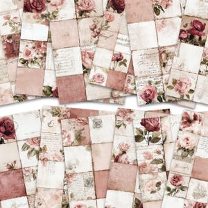 May include: A selection of square paper sheets with a vintage design. Each sheet has a patchwork pattern of pink and burgundy roses, mixed with handwritten script and postage stamps. The overall theme is romantic and floral.