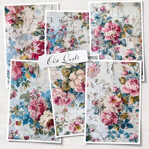 May include: A collage of six images featuring a vintage floral pattern on a cracked, white background. The pattern features pink, blue, and yellow flowers with green leaves. The text "Old Quilt" is written on a white label.