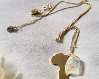 Blue Topaz Crystal Necklace, Gold Africa Charm, December Birthstone