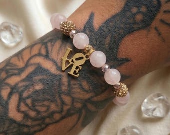 Rose Quartz Beaded Bracelet with Gold Love Charm | Pave Crystal Bracelet