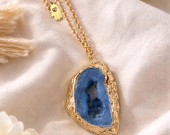 14k Gold Plated Agate Layered Necklace with Hamsa – 24-Inch Spiritual Statement Jewelry