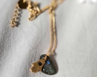 Labradorite Protection Necklace with Hamsa Pendant, Healing Crystal Jewelry, Intuition & Confidence Gift