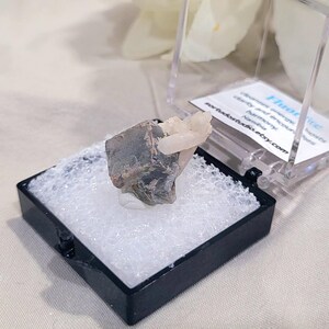 K&ouml;nnte beinhalten: Ein kleines, nat&uuml;rliches Fluoridkristall-Exemplar in einer schwarzen Vitrine mit transparentem Deckel. Der Fluorit hat eine Mischung aus Grau- und Braunt&ouml;nen mit einer Ansammlung wei&szlig;er Kristalle. Das Geh&auml;use steht auf einer wei&szlig;en, strukturierten Oberfl&auml;che. Der Text auf der Karte lautet "Fluorit".