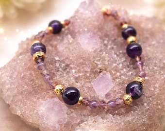 Amethyst Crystal Bracelet • Gold Beaded Jewelry • Purple Healing Bracelet for Peace & Intuition
