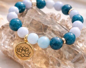 Aquamarine & Apatite Crystal Bracelet with Gold Lotus Charm | Calm, Clarity and Manifestation Jewelry