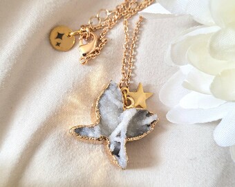 14k Gold Plated Butterfly Necklace with Pastel Agate Crystal – 16-Inch Dainty Jewelry for Women