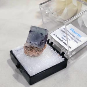 K&ouml;nnte beinhalten: Fluorit-Kristallprobe, mit einem blau-violetten W&uuml;rfelkristall auf einer rosafarbenen Matrix. Der Kristall wird in einer transparenten Acrylbox mit schwarzem Sockel pr&auml;sentiert, mit einem Etikett mit Text.