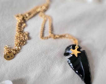 Obsidian Pfeilspitze Halskette - Gold Stern Anhänger, Schützender Kristall Schmuck