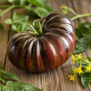 Może przedstawiać: Duży, żebrowany pomidor typu heirloom o ciemnofioletowej i ciemnoczerwonej skórce, z zieloną szypułką i kielichem. Pomidor otoczony jest zielonymi liśćmi pomidora oraz małymi, jasnożółtymi kwiatami w kształcie gwiazdek na cienkich łodyżkach.