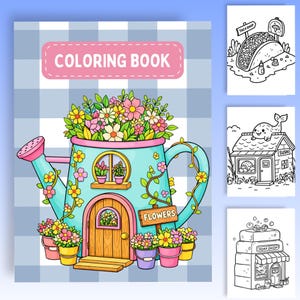 May include: A coloring book with a blue and pink watering can design, filled with colorful flowers and a wooden door. The cover reads "COLORING BOOK". Additional pages feature line art of a taco, sushi shop, and soap shop.