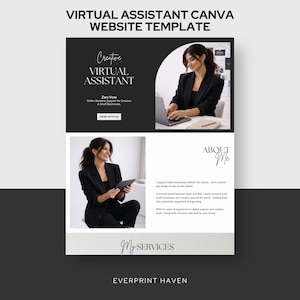 Può includere: Un modello di sito web per un assistente virtuale, con un design in bianco e nero. Il testo recita "VIRTUAL ASSISTANT CANVA WEBSITE TEMPLATE". Il modello include immagini di una donna che lavora su un laptop e un tablet. Il testo include "Creative Virtual Assistant" e "My Services".