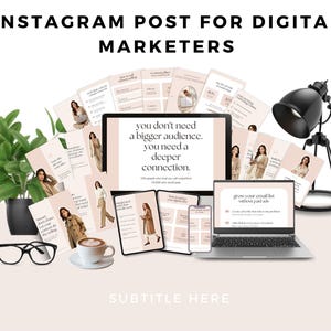 May include: An Instagram post mockup for digital marketers. The image features a laptop, tablet, and smartphone displaying marketing content. A cup of coffee, eyeglasses, and a desk lamp are also present. The text reads: "you don't need a bigger audience. you need a deeper connection."