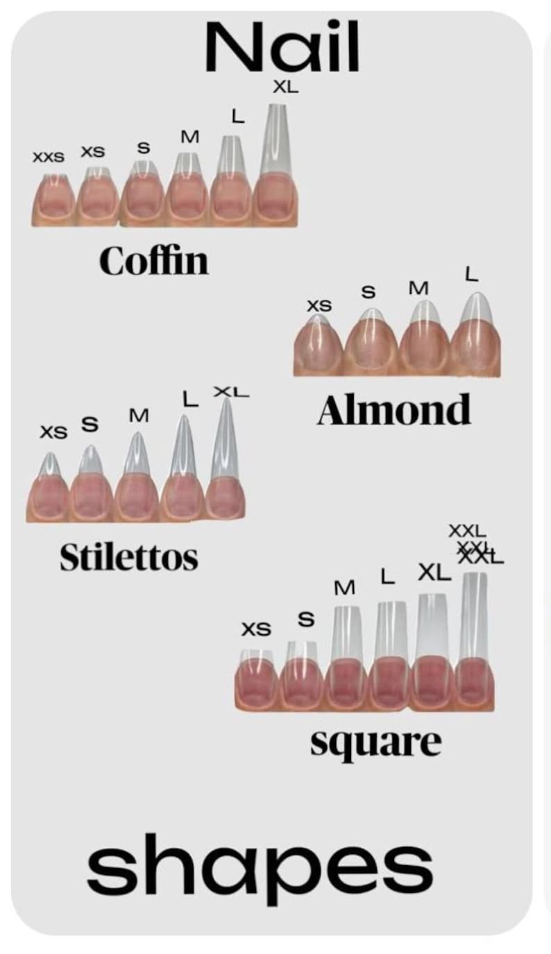 May include: Image displaying different nail shapes: Coffin, Almond, Stiletto, and Square. Sizes are indicated from XXS to XL. The words "Nail" and "shapes" are prominently featured in the image.