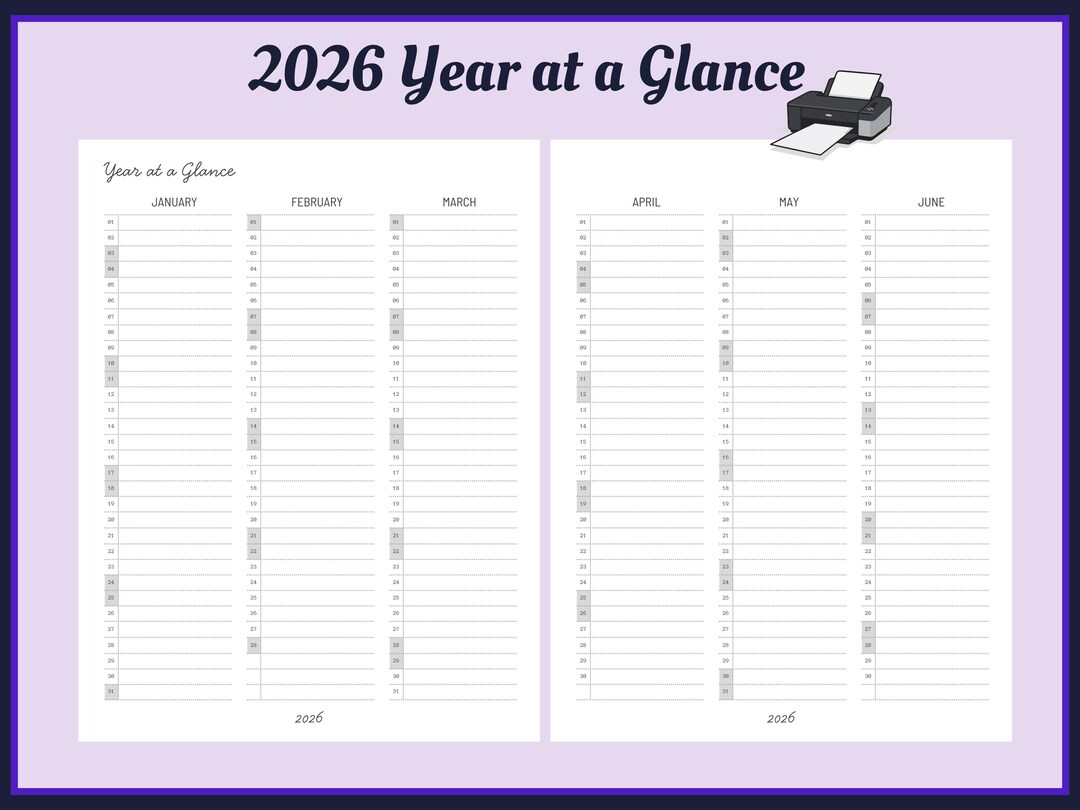 2026 Minimalist Year at a Glance Planner Pages (PDF Download) - Etsy