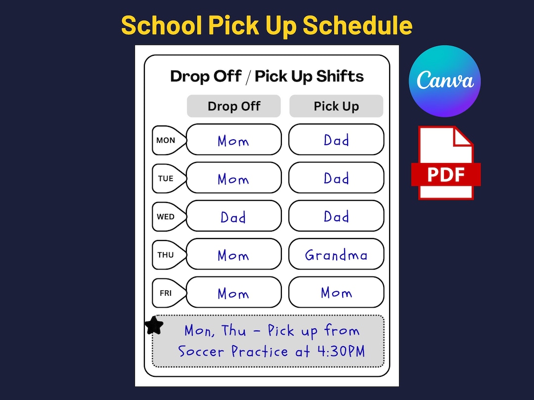 Kids Pick up Drop off Chart: Weekly Schedule (canva Editable, PDF ...