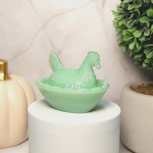 Portagioie vintage in vetro verde a forma di gallina su nido – Piatto per caramelle da collezione a forma di pollo, arredamento da fattoria