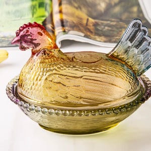 Porta caramelle in vetro a forma di gallina vintage su nido – Portagioie in vetro pressato colorato a forma di gallina, decorazione da cucina in stile rustico