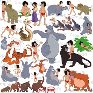 Puede incluir: Una colección de ilustraciones de dibujos animados con personajes de El Libro de la Selva. Las imágenes incluyen un tigre, un oso, una pantera, una serpiente y elefantes. Los personajes están en varias poses y entornos, con colores vibrantes.