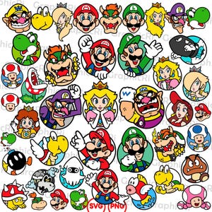 Puede incluir: Una colección de retratos de personajes de dibujos animados coloridos, incluyendo a Mario, Luigi, la Princesa Peach y Bowser. Cada personaje está dentro de un marco circular, con colores vibrantes e ilustraciones detalladas. La imagen incluye el texto "SVG PNG".