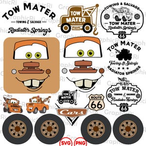Peut inclure: Ensemble de graphismes mettant en vedette Tow Mater du film Cars. Comprend diverses illustrations du personnage, du texte "Tow Mater - Towing & Salvage - Radiator Springs" et des panneaux de la Route 66.