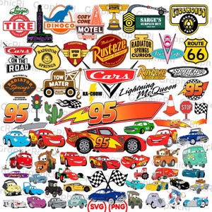 Op de afbeelding: Een verzameling kleurrijke Cars-thema graphics, waaronder Lightning McQueen, Route 66 borden en diverse logo's. De afbeelding bevat verschillende auto-ontwerpen, vlaggen en tekstelementen zoals "Radiator Springs" en "Ka-Chow."