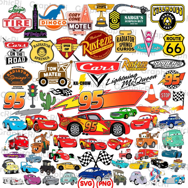 May include: A collection of colorful Cars-themed graphics, including Lightning McQueen, Route 66 signs, and various logos. The image features a variety of car designs, flags, and text elements like "Radiator Springs" and "Ka-Chow."