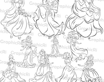 Pacchetto di contorni di principesse in formato SVG e PNG, design di principesse in stile line art, vacanze in famiglia in formato SVG, compleanno in famiglia in formato SVG, regalo personalizzato in formato SVG, file per taglio vinile