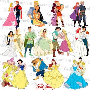 May include: A collection of colorful cartoon illustrations of various Disney couples. The images feature characters in their iconic outfits, including princesses in ball gowns and princes in formal attire. The style is reminiscent of classic animation.