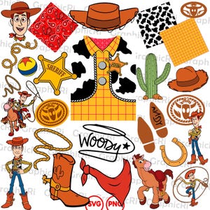 Puede incluir: Una colección de ilustraciones digitales que incluye un personaje vaquero, un sombrero marrón, una camisa de cuadros amarilla con placa de sheriff, un pañuelo rojo, un lazo, un cactus, un caballo, una bota con espuela y el texto Woody.