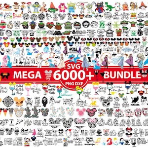 Può includere: Un pacchetto digitale SVG con vari design, tra cui personaggi Disney e Star Wars, e grafica a tema vino. L'immagine mostra il testo "MEGA 6000+ BUNDLE" ed è adatto per progetti di artigianato.
