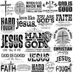 Puede incluir: Una colección de gráficos cristianos en blanco y negro con varios diseños de texto. Los diseños incluyen frases como "Jesús", "Fe" y "Hombre de Dios", junto con ilustraciones de cruces y leones.